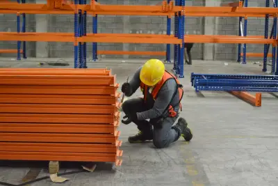 Instalador de RC Racks ensamblando vigas naranjas en un rack selectivo